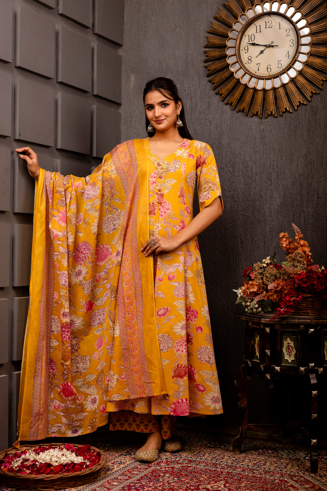 Mustard Cotton Calf Length Printed Flared 3/4 Sleeves V-Neck Kurta Suit Set