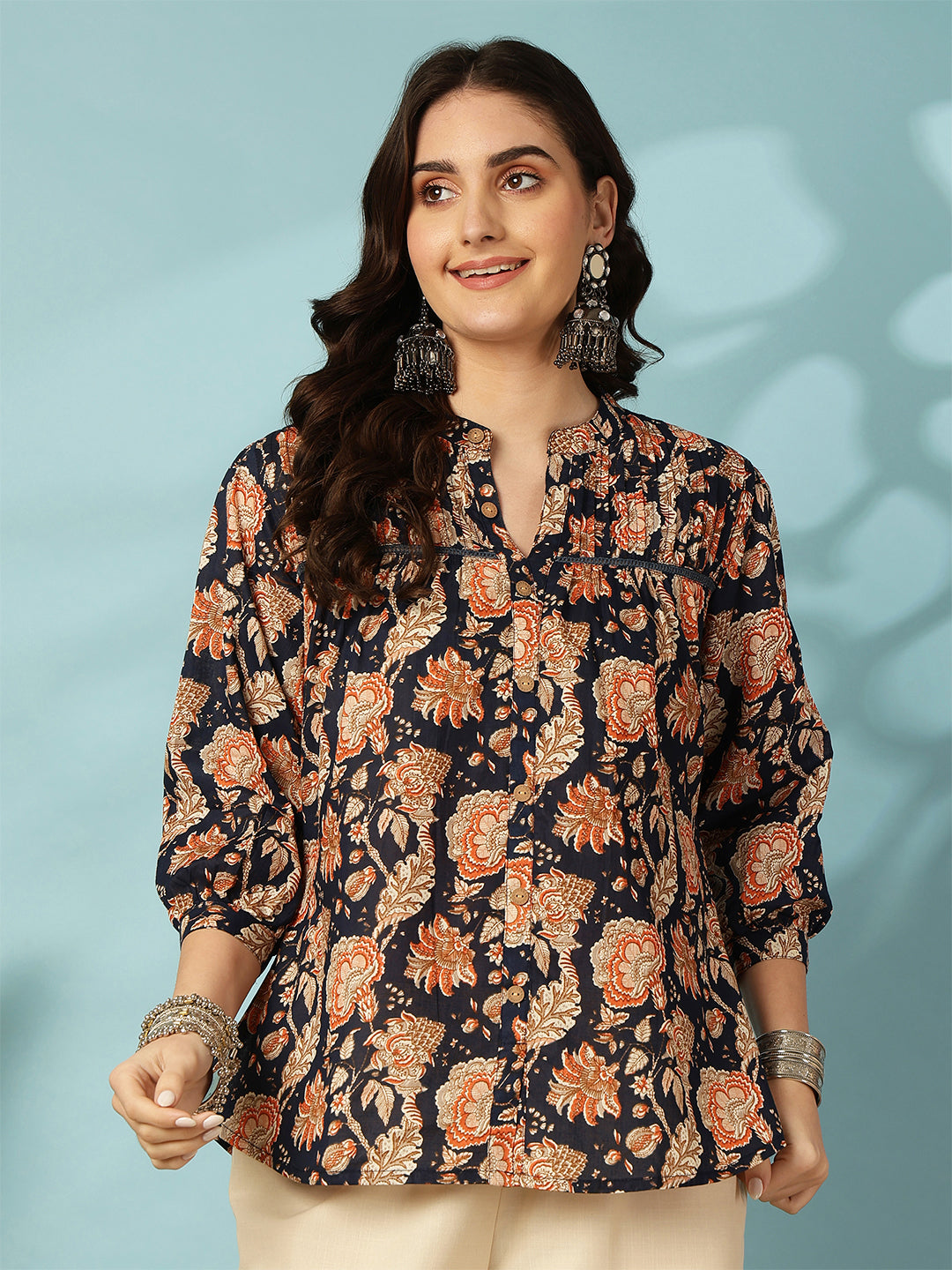 Blue Women Printed 3/4 Sleeves Regular Pure Cotton Top