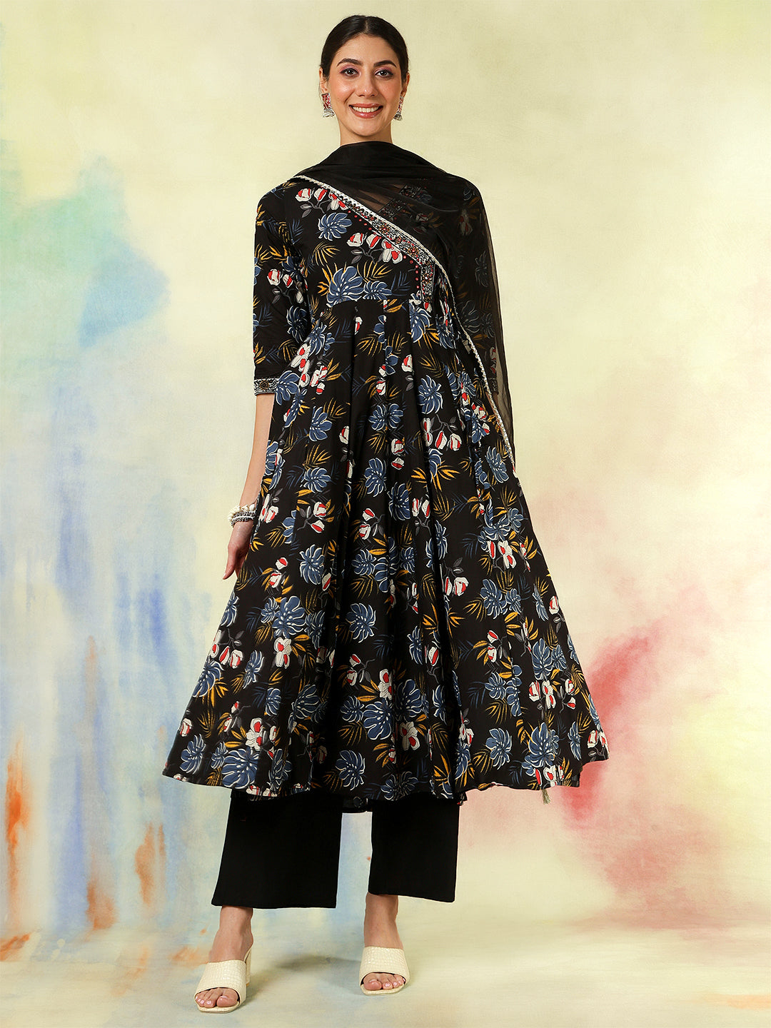 Black Cotton Calf Length Printed Embroidered 3/4 Sleeves V-Neck Kurta Suit Set