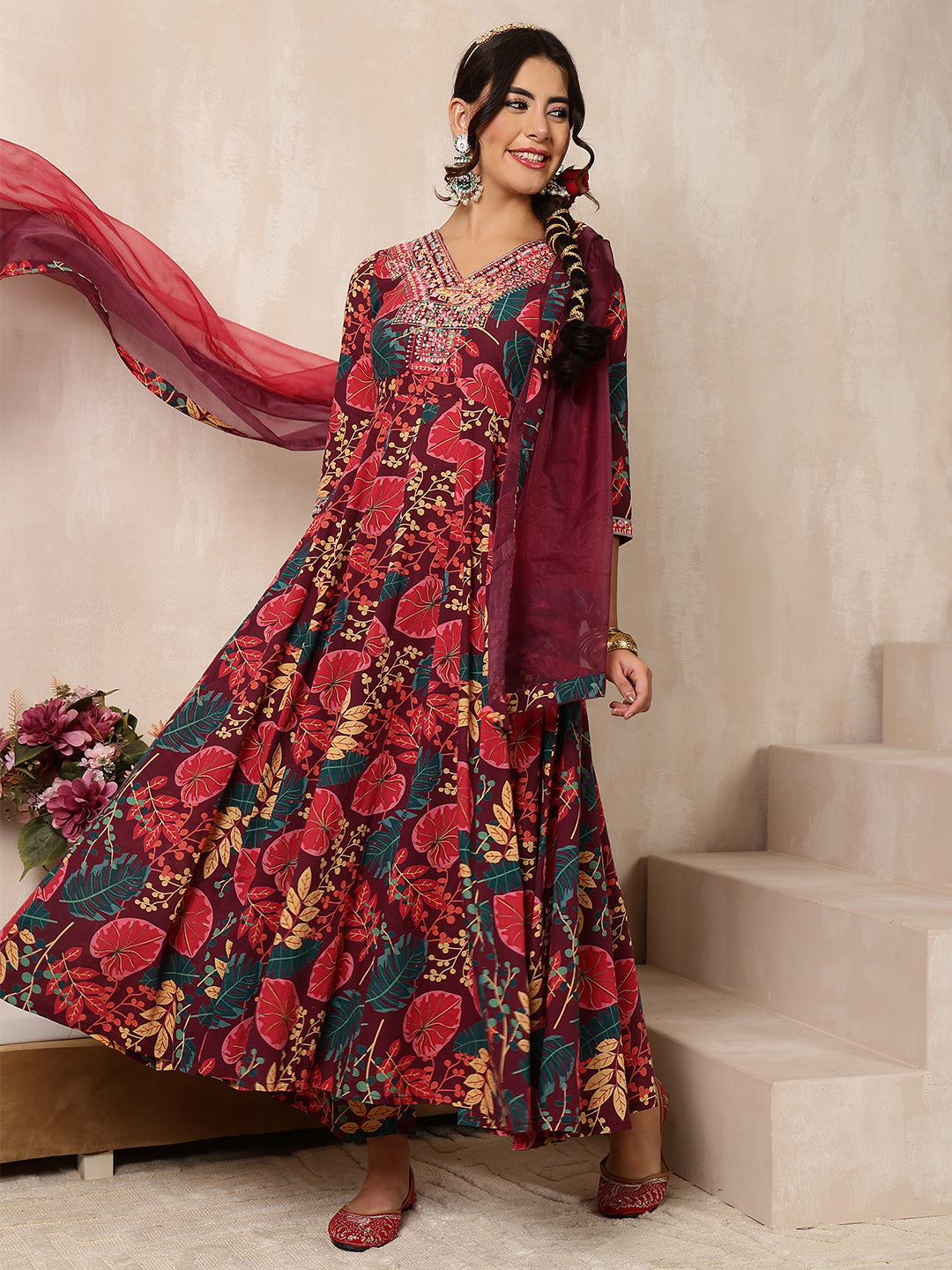 Wine Cotton Calf Length Printed Flared 3/4 Sleeves V-Neck Kurta Bottom Dupatta Set