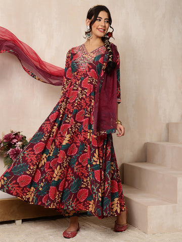 Wine Cotton Calf Length Printed Flared 3/4 Sleeves V-Neck Kurta Bottom Dupatta Set
