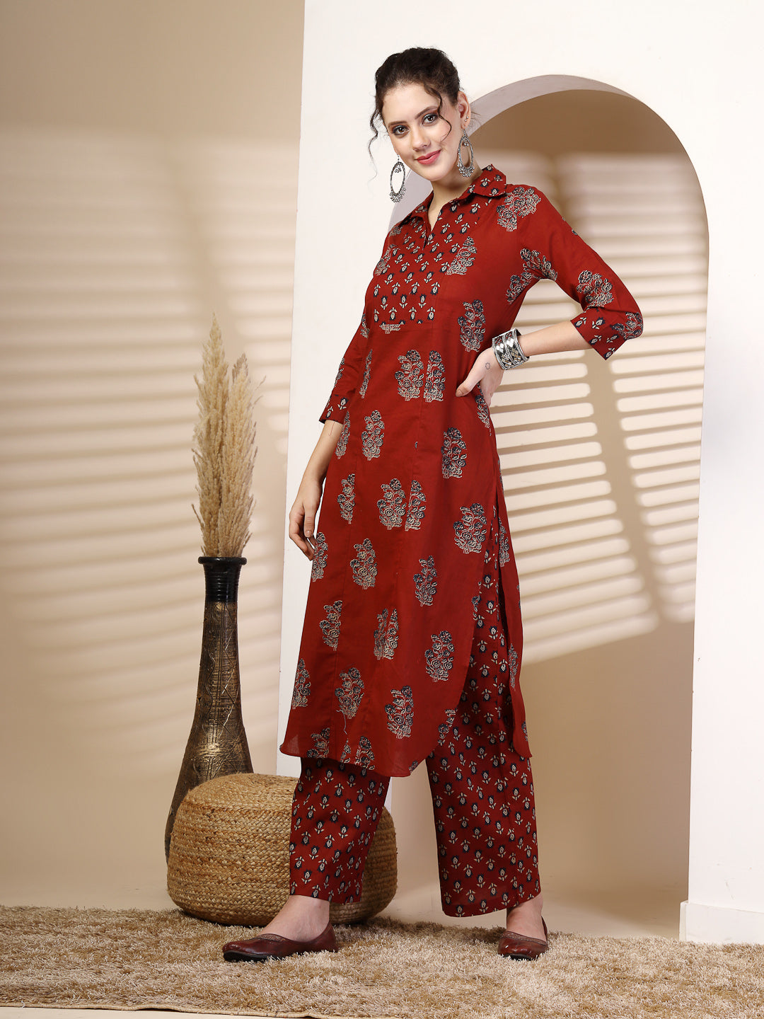 Maroon Cotton  Calf Length Printed Straight 3/4 Sleeves Coller Kurta Bottom Set