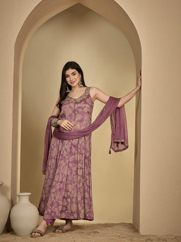 Lavender Rayon Ankle Length Printed Sleeveless V-Neck Anarkali Kurta Suit Set