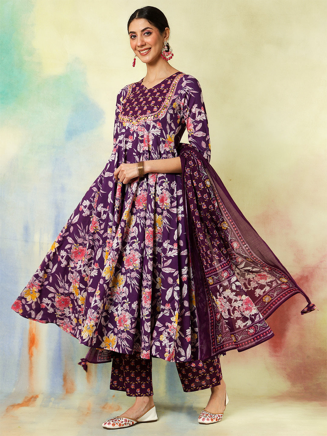 Purple Cotton Calf Length Printed & Embroidered Flared 3/4 Sleeves Sweet Heart Neck Kurta Suit Set