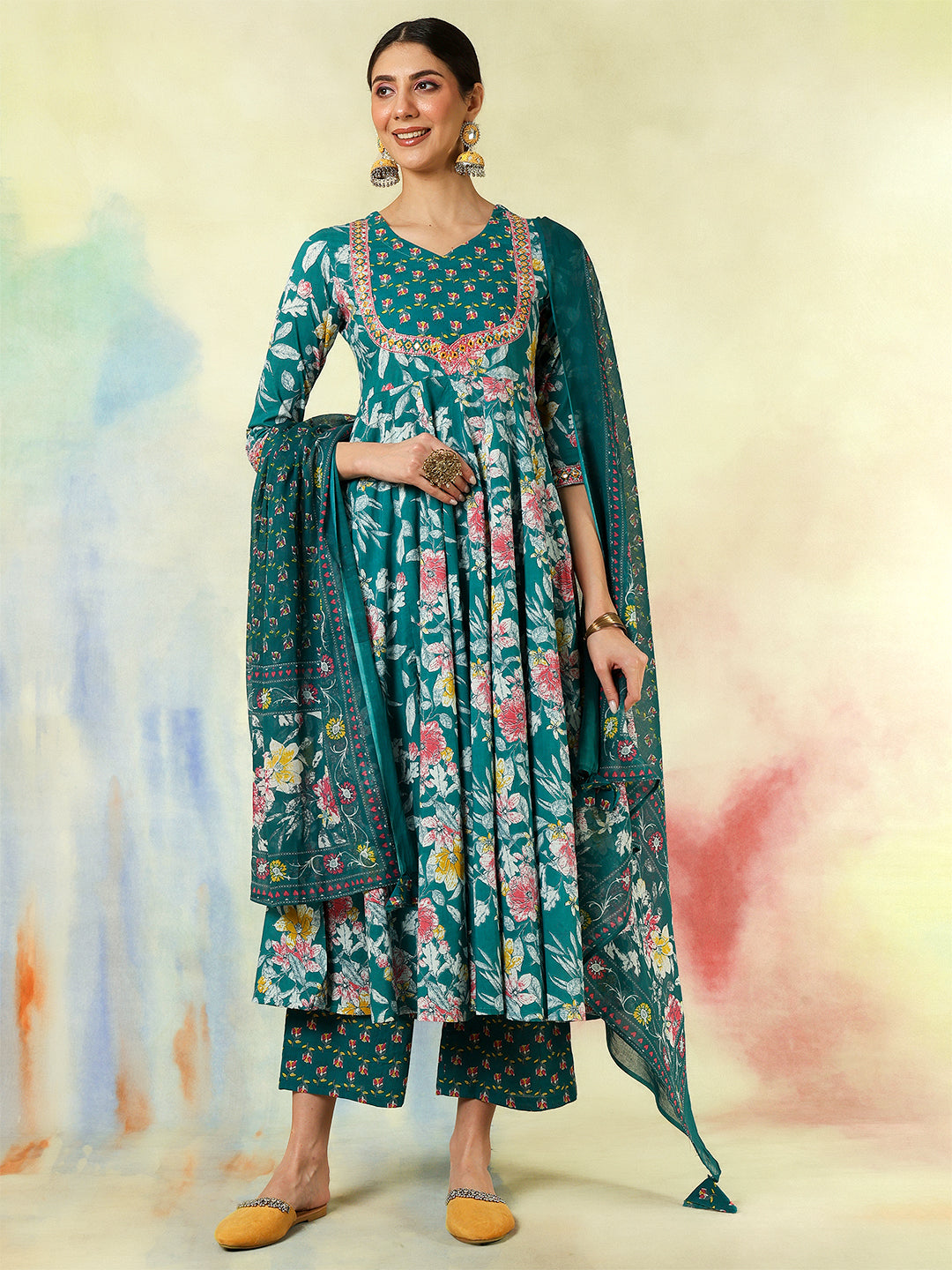 Teal Cotton Calf Length Printed & Embroidered Flared 3/4 Sleeves Sweet Heart Neck Kurta Suit Set
