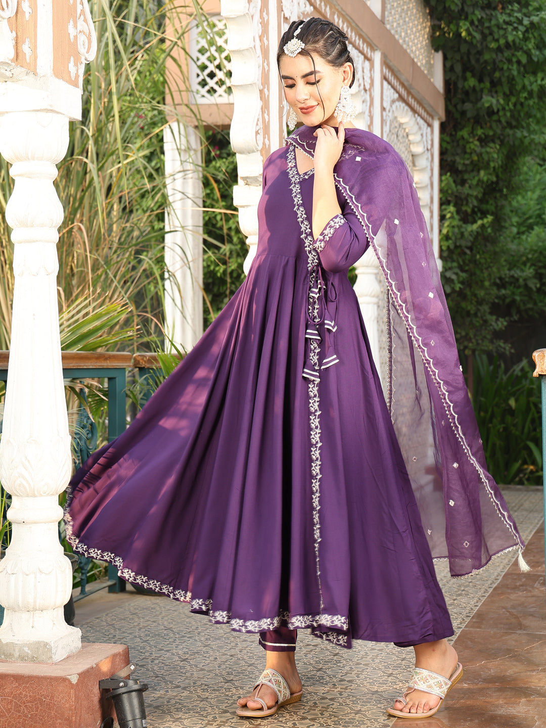 Purple Rayon Calf Length Printed Flared 3/4 Sleeves V-Neck Kurta Suit Set