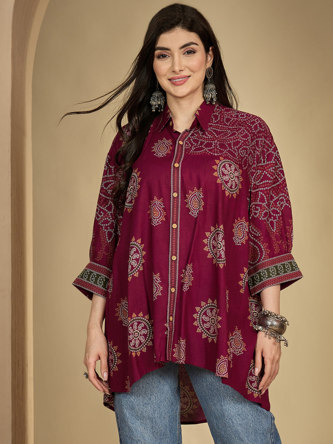 Wine Rayon Hip Length Printed 3/4 Sleeve Shirt Collar Flared Top