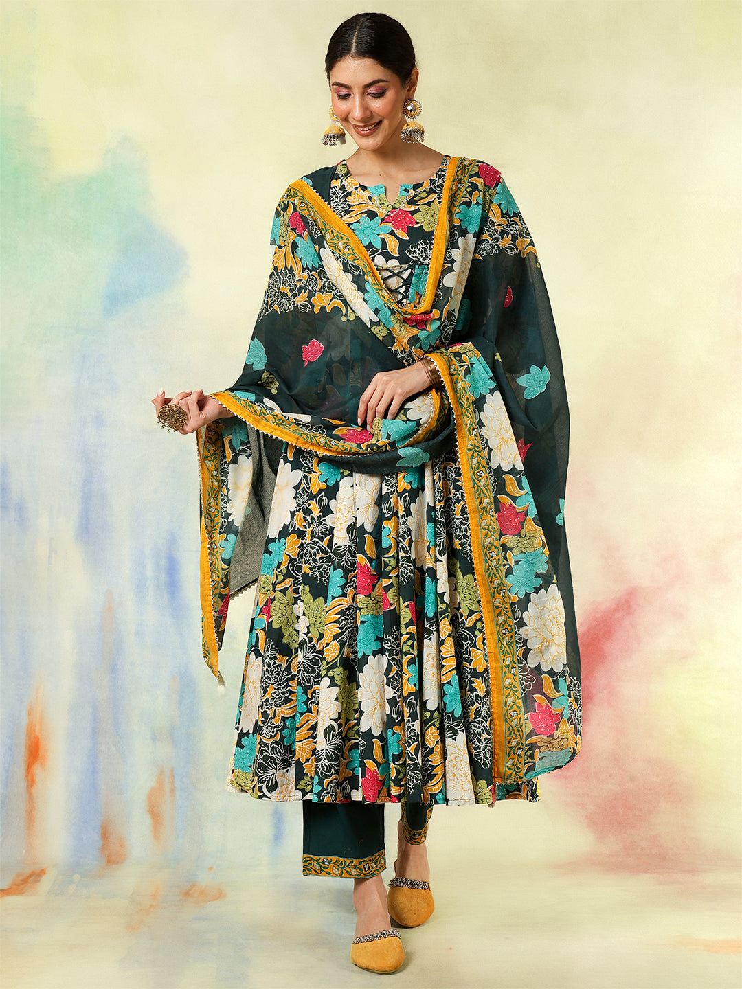 Green Cotton Flared Printed A-Line  3/4 Sleeves Round Neck Kurta Suit Set