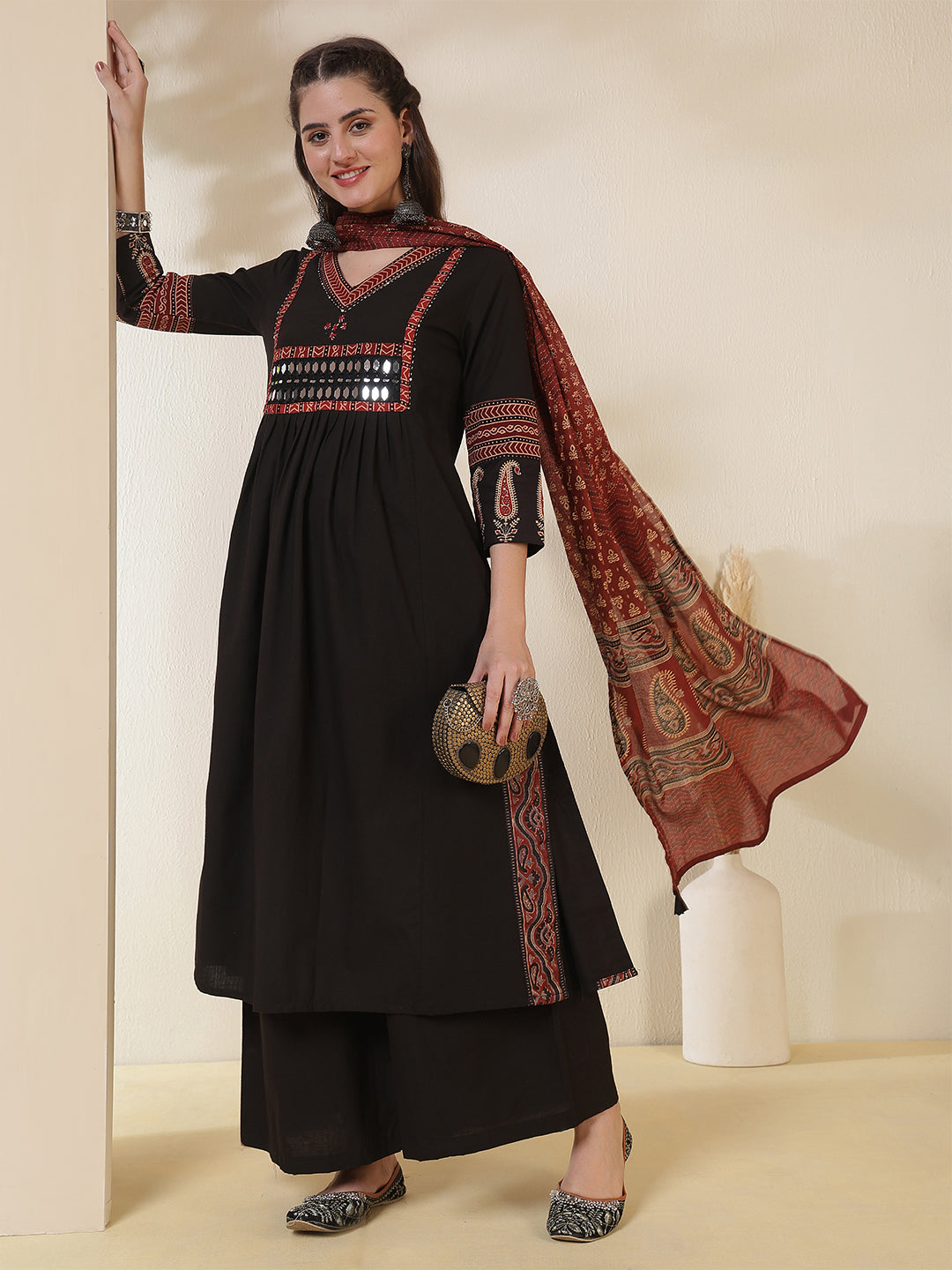 Black Rayon Calf Length Solid 3/4 Sleeves V-Neck Semi-Flared Kurta Suit Set