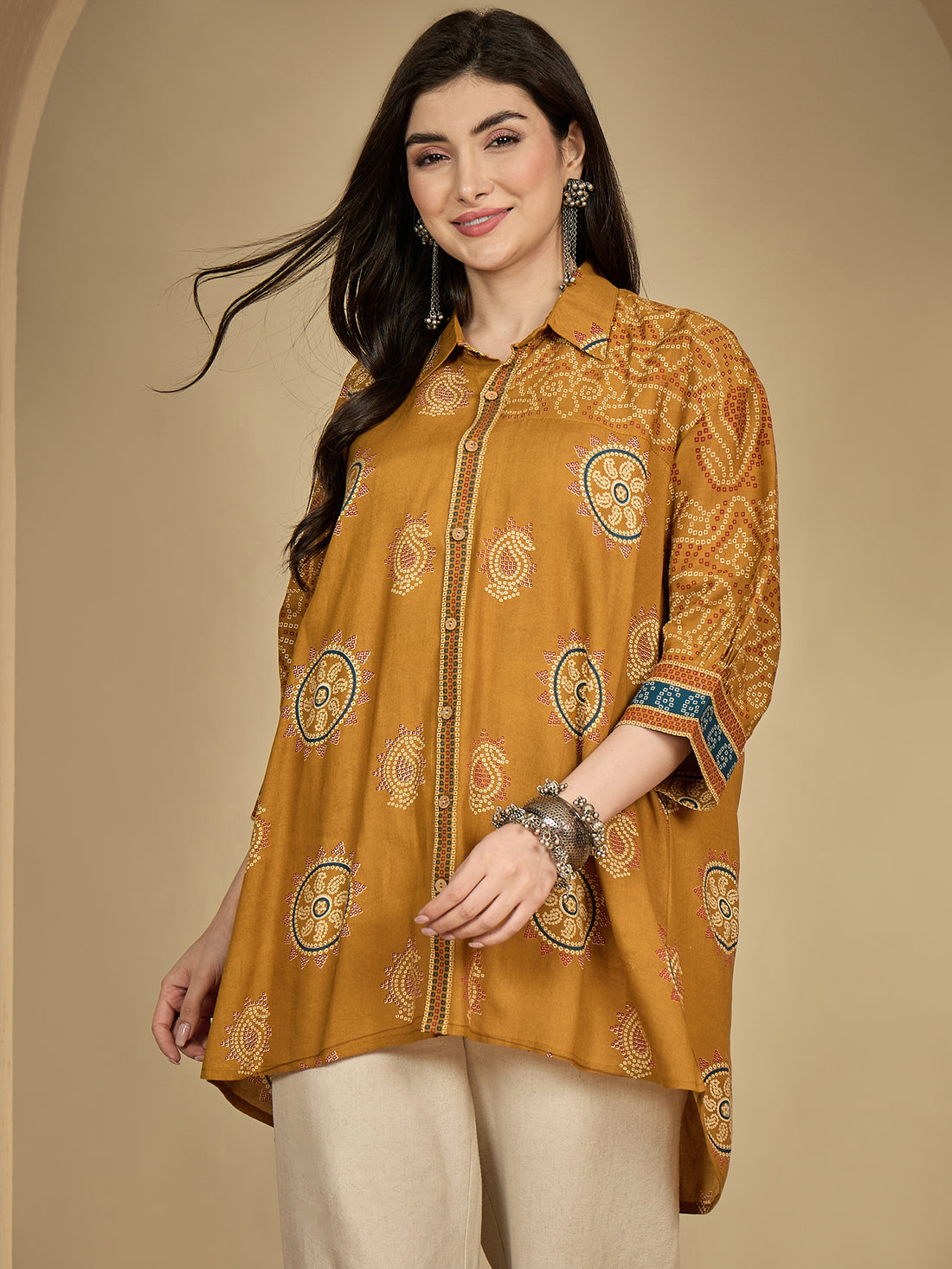 Mustard Rayon Hip Length Printed 3/4 Sleeve Shirt Collar Flared Top