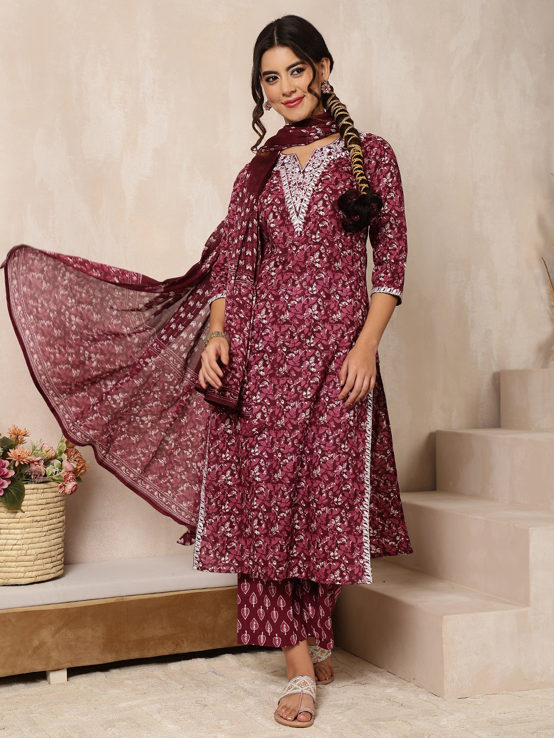 Wine Cotton Calf Length Printed Straight 3/4 Sleeves V-Neck Kurta Bottom Dupatta Set