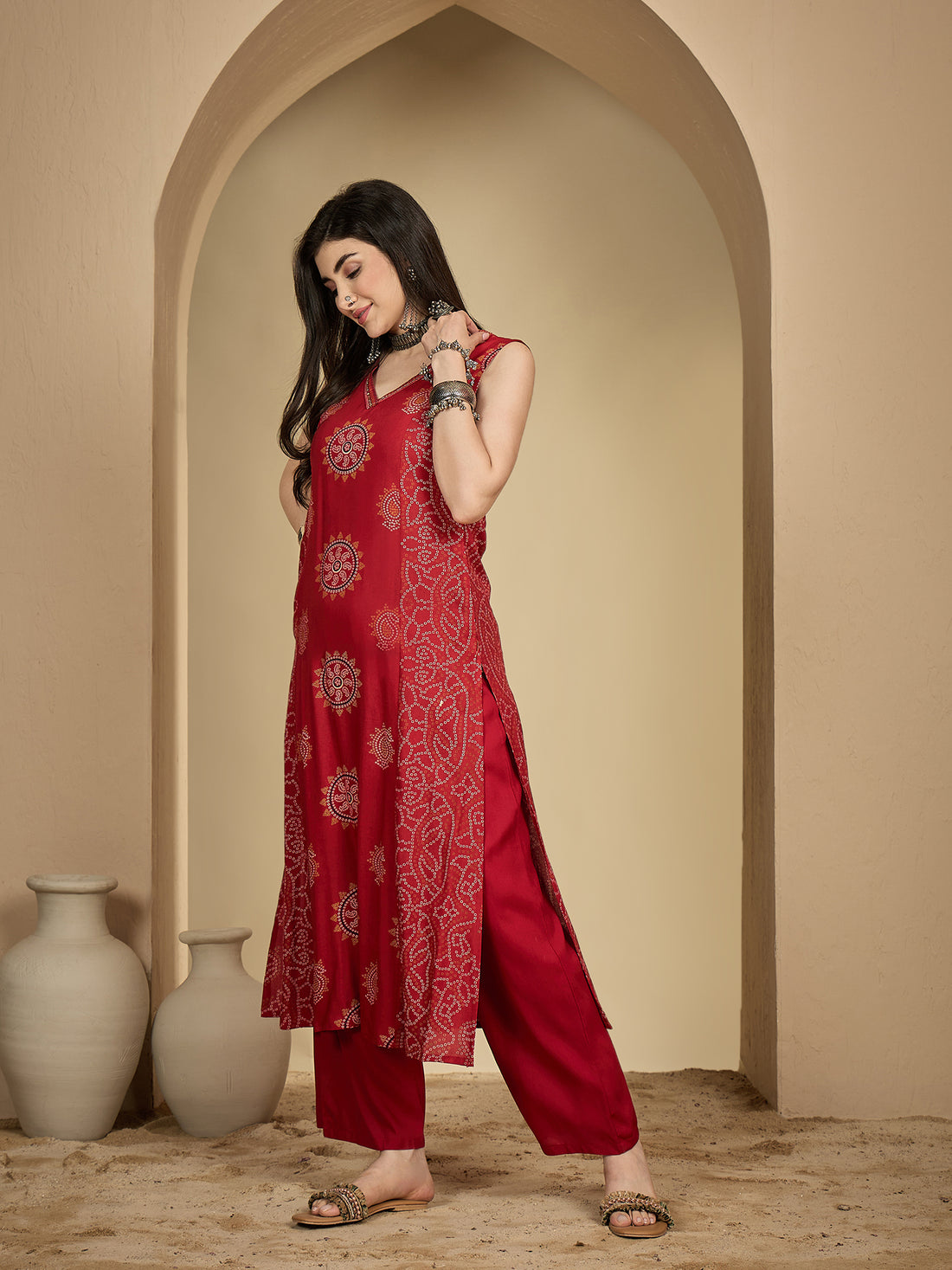 Red Rayon Calf Length Printed Sleeveless V-Neck A-Line Kurta Suit Set