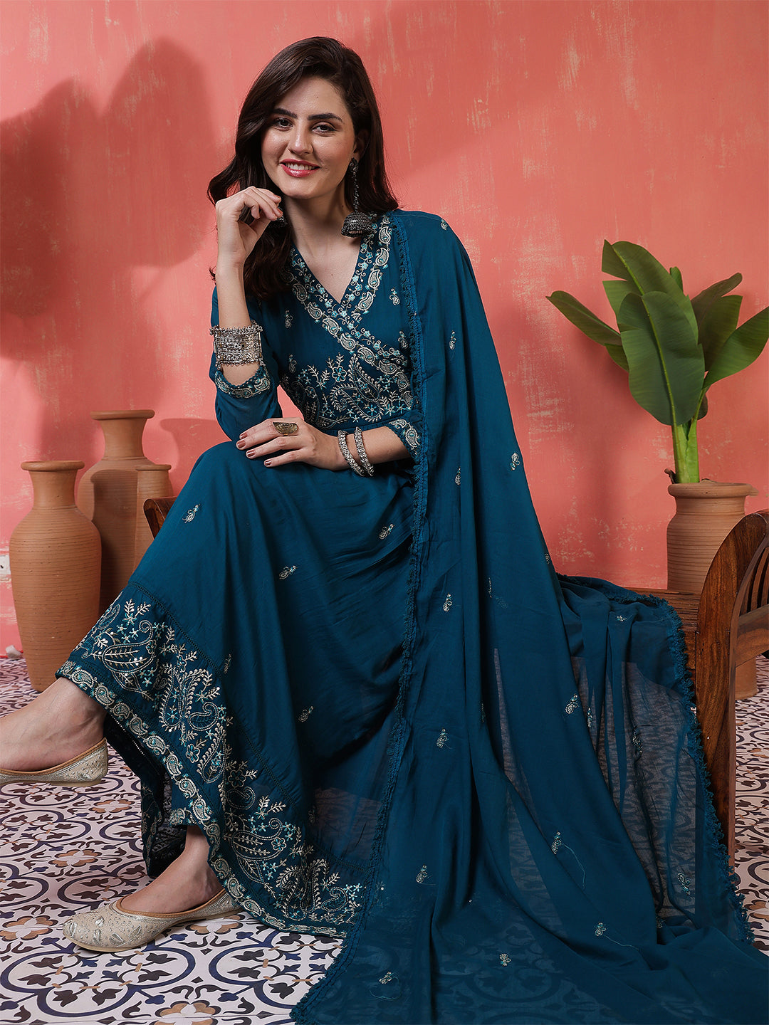 Teal Cotton Calf Length Printed 3/4 Sleeves Angrakha Anarkali Kurta Suit Set