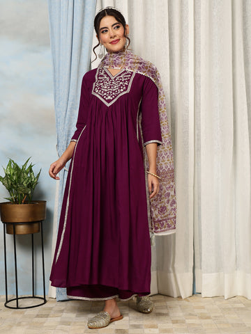 Purple Rayon Calf Length Solid Flared 3/4 Sleeves V-Neck Kurta Bottom Dupatta Set