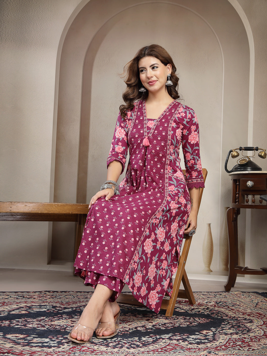 Wine Cotton Calf Length Printed 3/4 Sleeve V-Neck Flared Kurta Suit Set