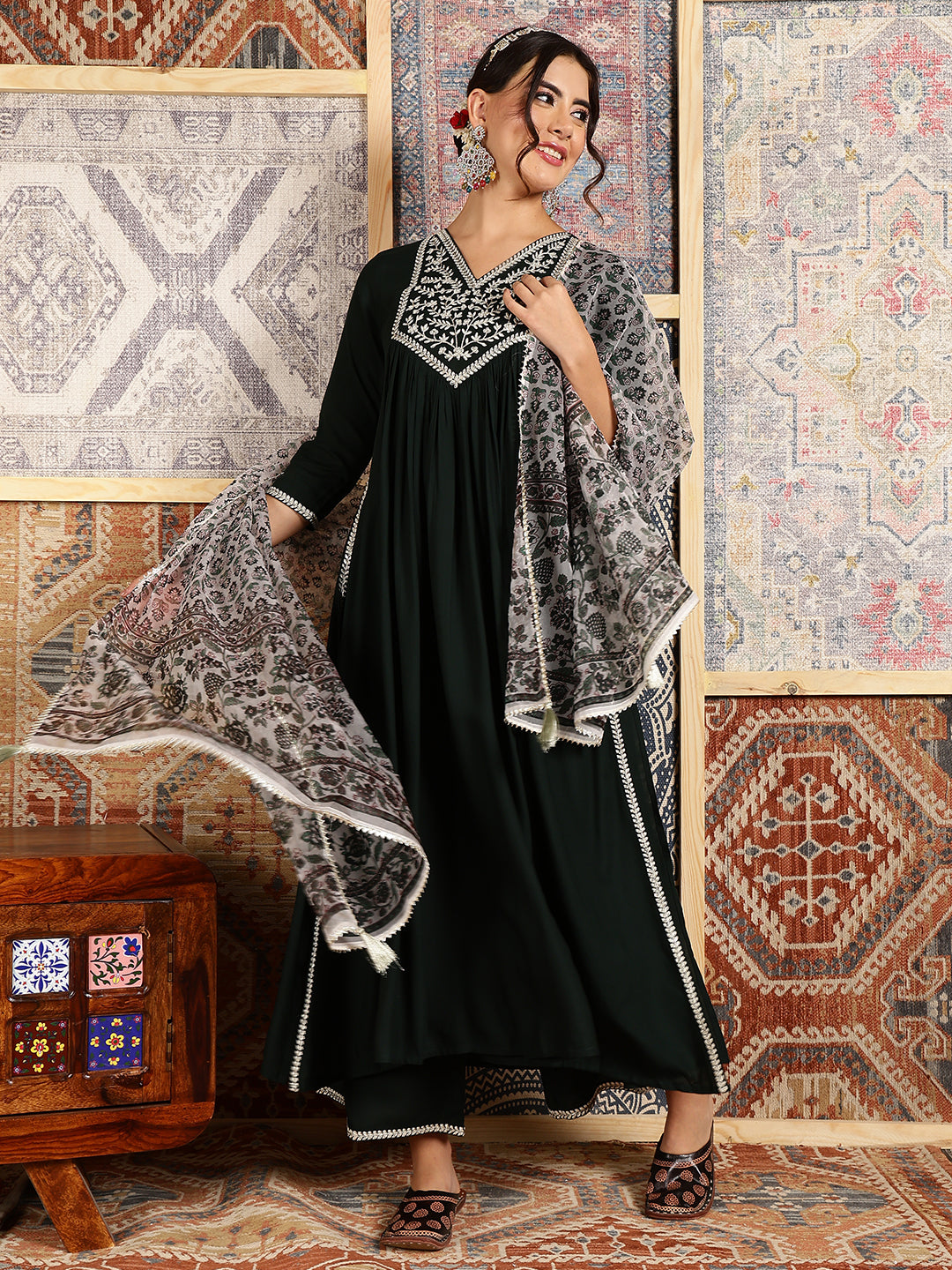 Bottle Green Rayon Calf Length Solid Flared 3/4 Sleeves V-Neck Kurta Bottom Dupatta Set
