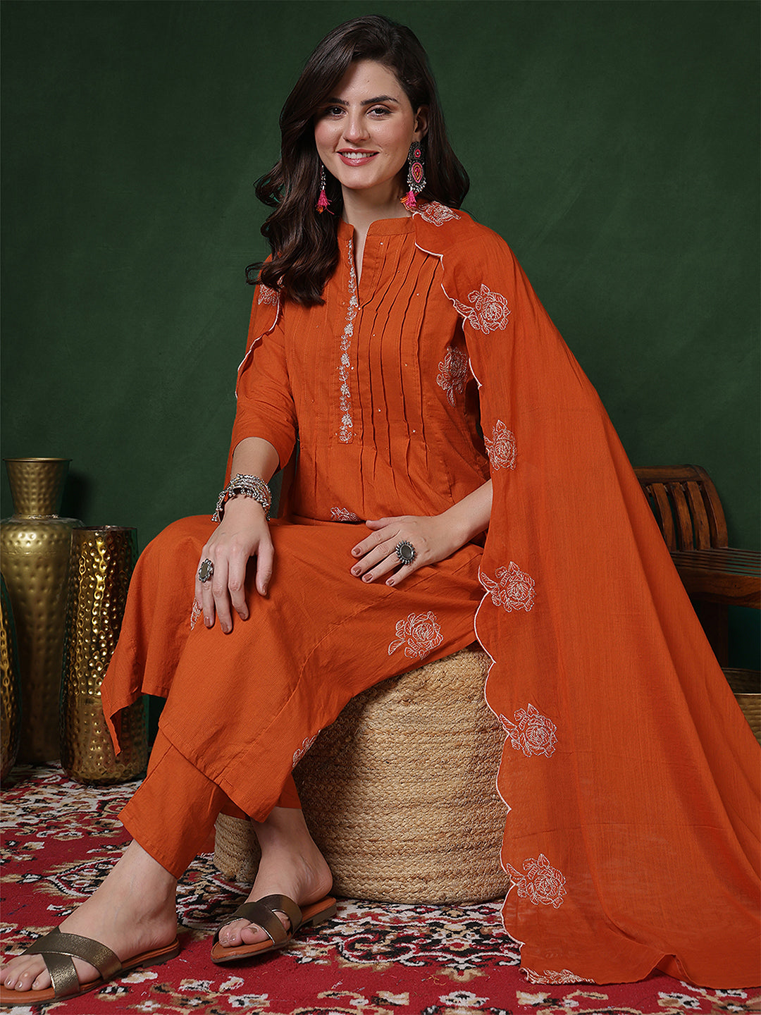 Rust Cotton Calf Length Solid 3/4 Sleeves Mandarin Straight Kurta Suit Set