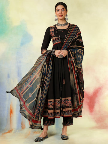 Black Cotton Calf Length Printed Embroidered A-Line  3/4 Sleeves Round Neck Kurta Suit Set