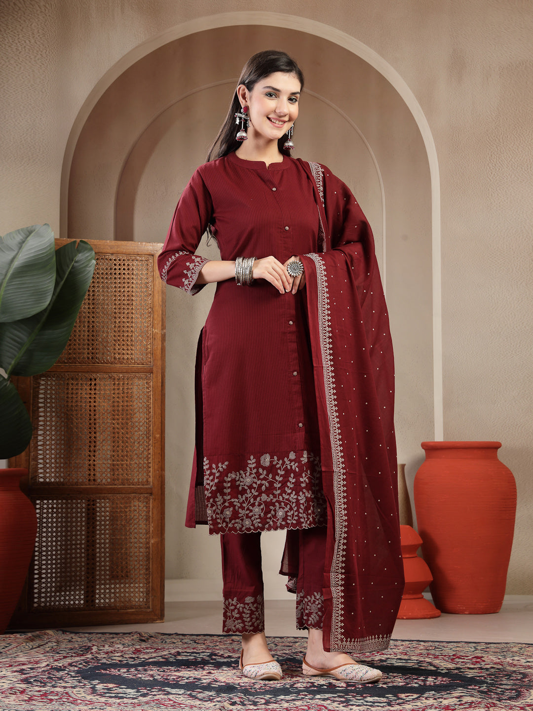 Wine Cotton Calf Length Solid 3/4 Sleeve Mandarin Collar Straight Kurta Suit Set