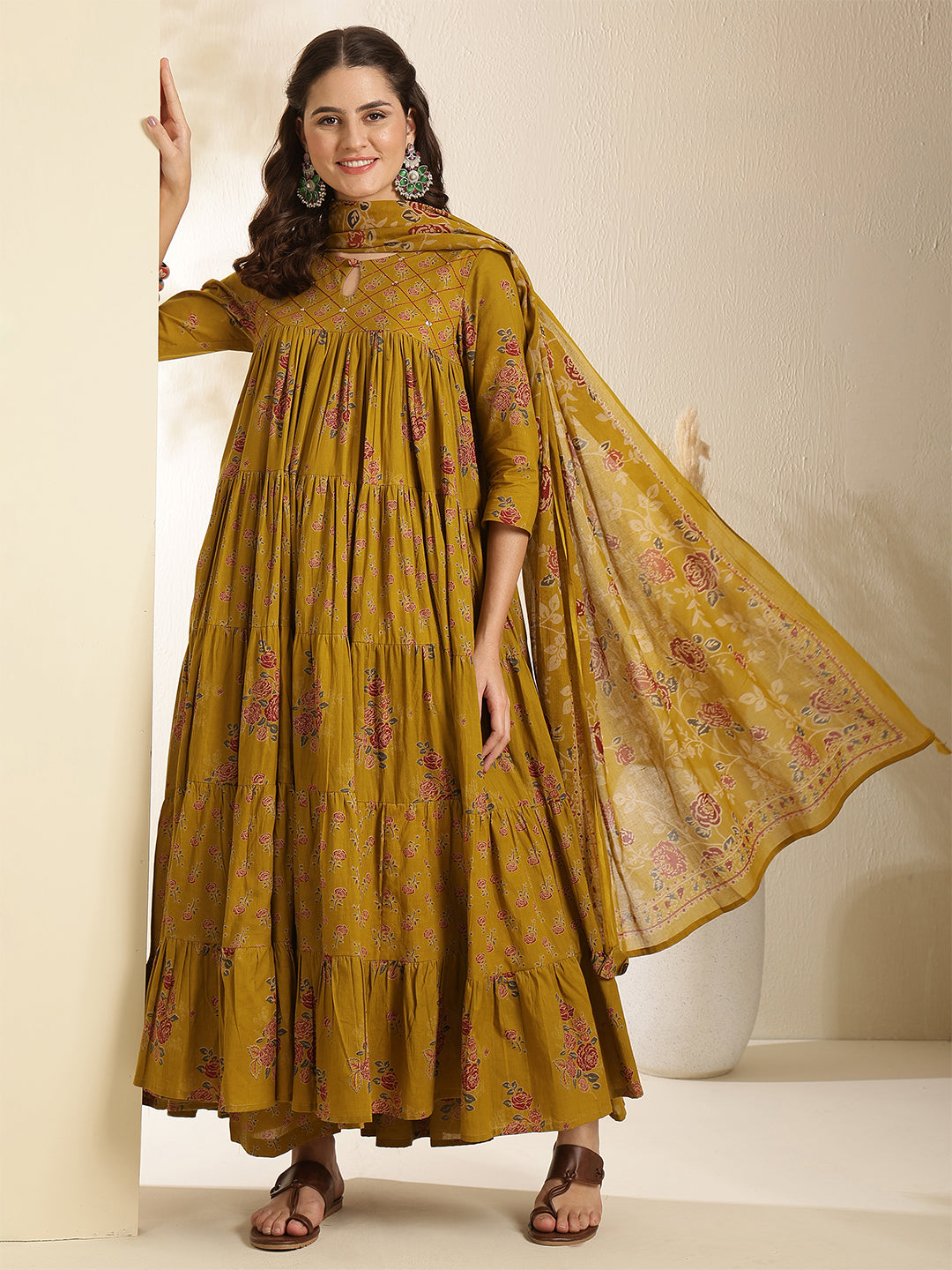 Mustard Cotton Calf Length Printed 3/4 Sleeve Key Hole Neck Tired Kurta Suit Set