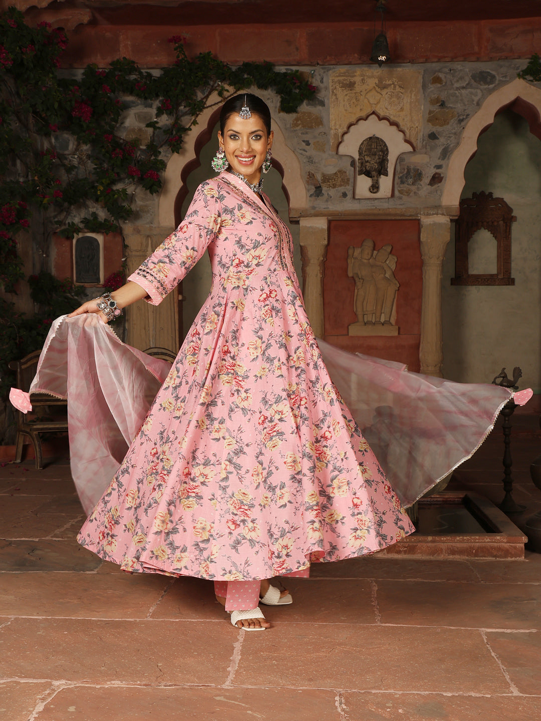 Pink Cotton Calf Length Printed Flared 3/4 Sleeves V-Neck Kurta Suit Set