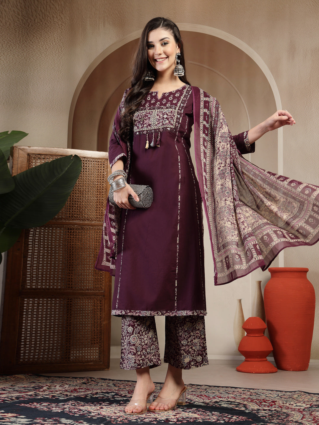 Wine Cotton Calf Length Solid 3/4 Sleeve Round Neck Straight Kurta Suit Set