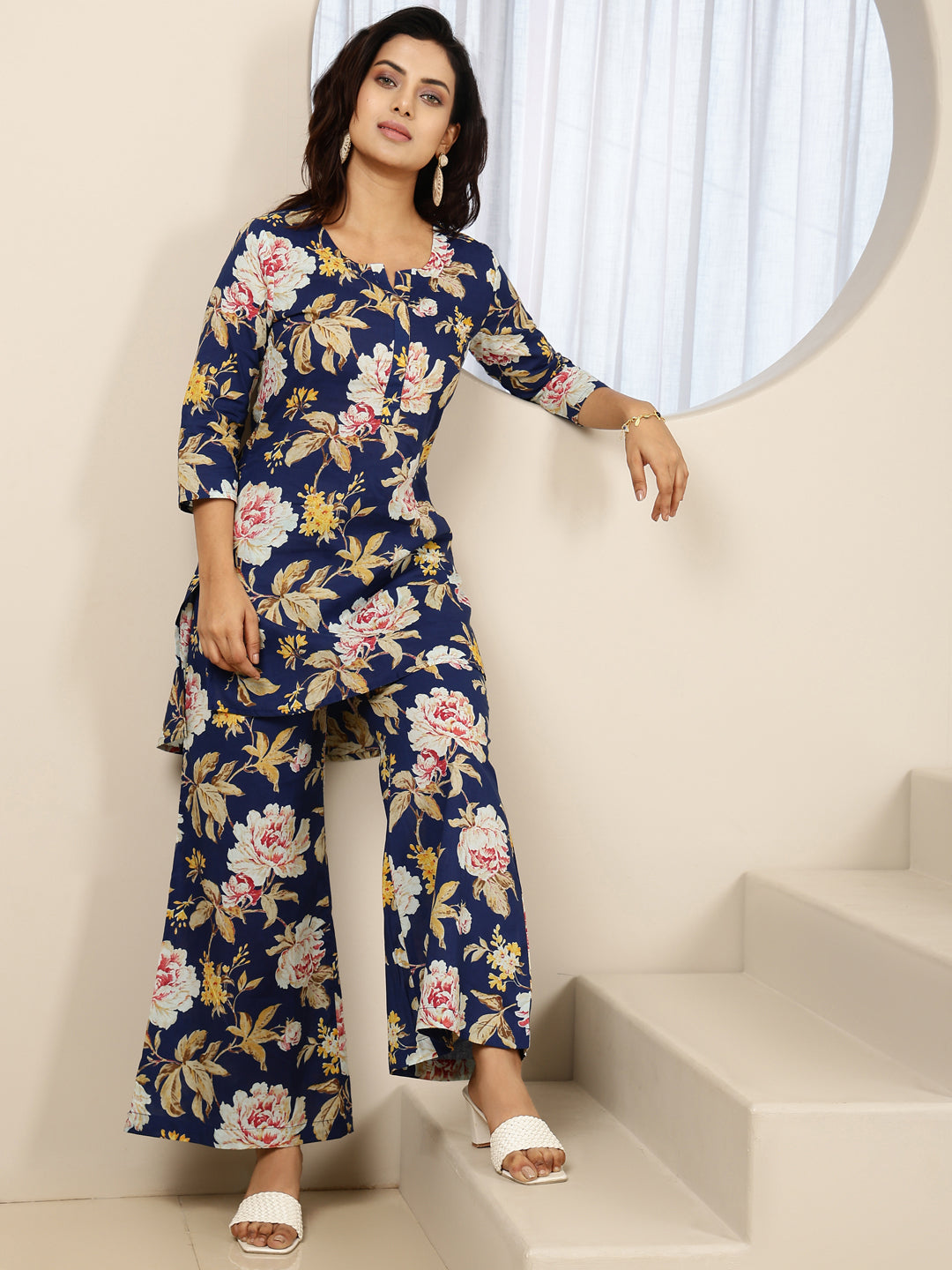 Navy Cotton Hip Length Printed Straight 3/4 Sleeves Round Neck Kurta Bottom Set