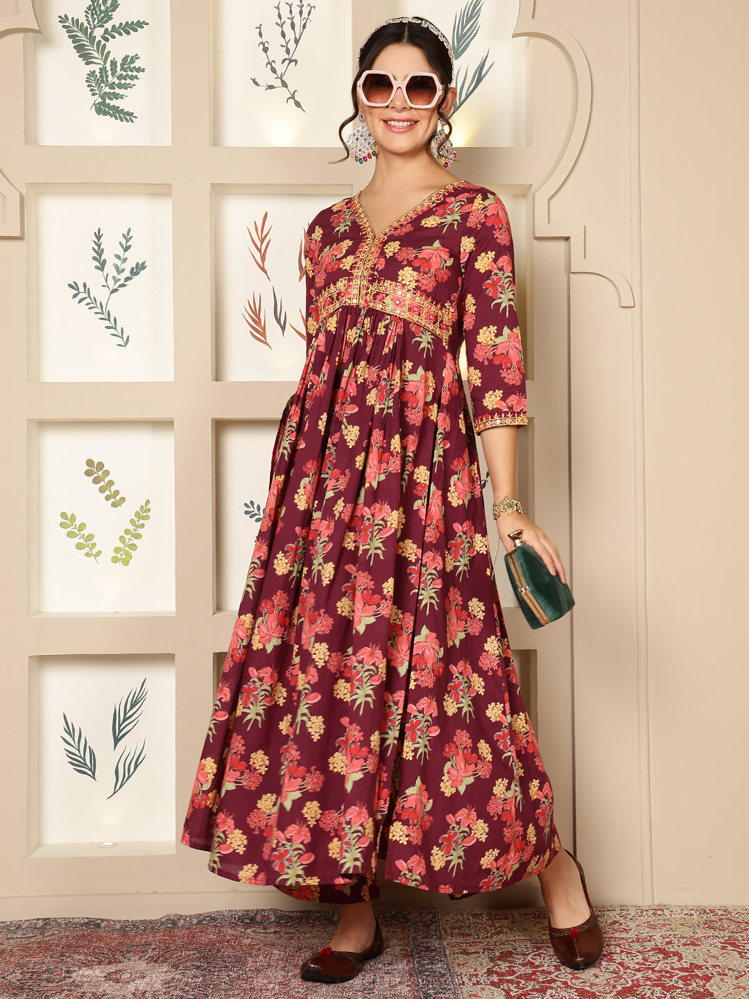 Wine Rayon Calf Length Printed Flared 3/4 Sleeves V-Neck Kurta Bottom Set