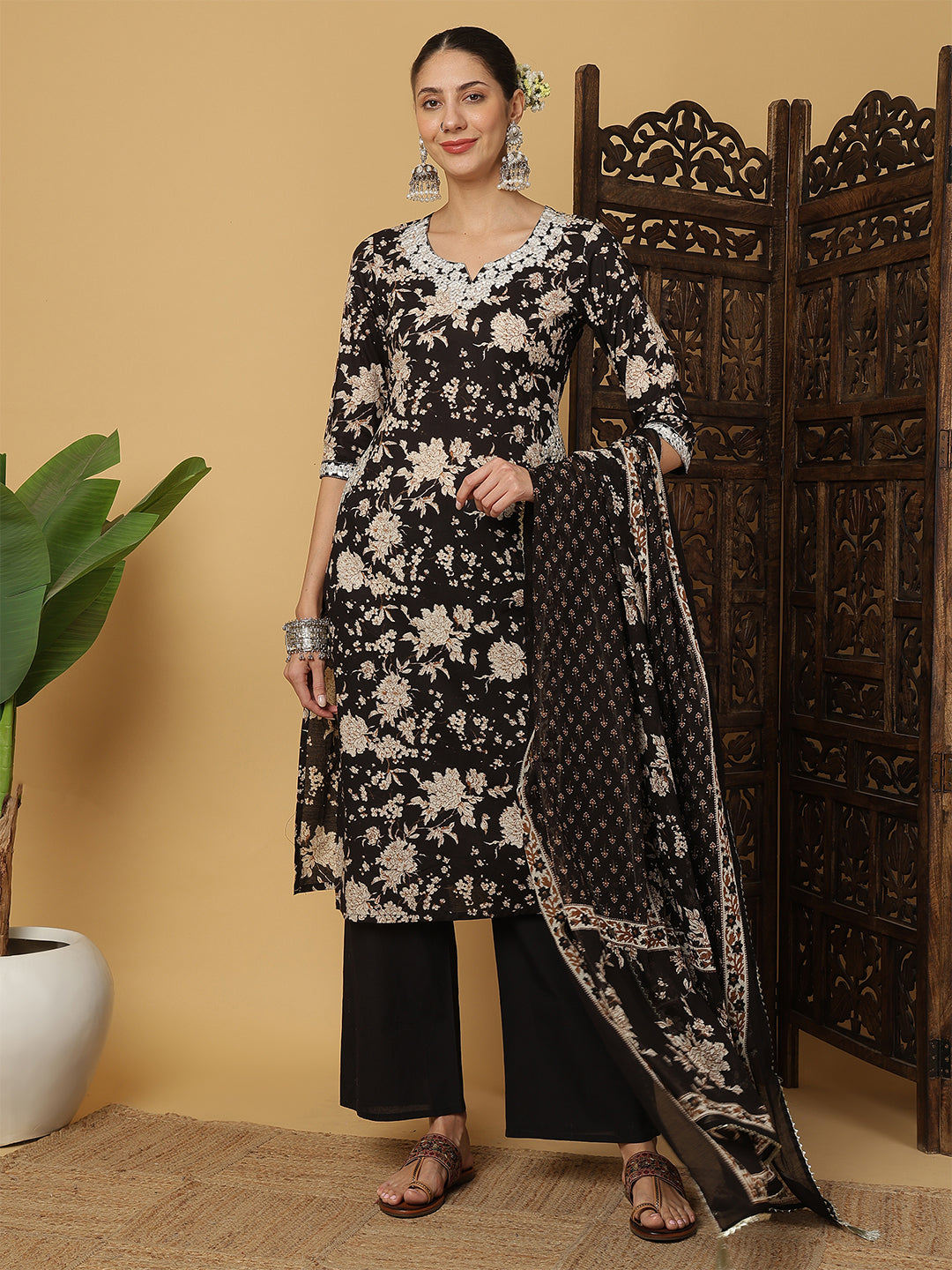 Black Cotton Calf Length Printed 3/4 Sleeves Round Neck Straight Kurta Suit Set