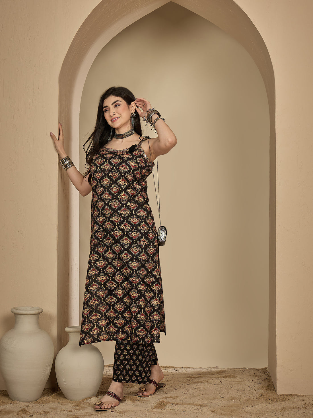 Black Rayon Calf Length Printed Strappy Sleeve Round Neck A-Line Kurta Suit Set