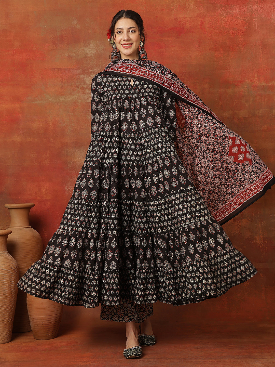 Black Cotton Calf Length Printed 3/4 Sleeves Key Hole Anarkali Kurta Suit Set