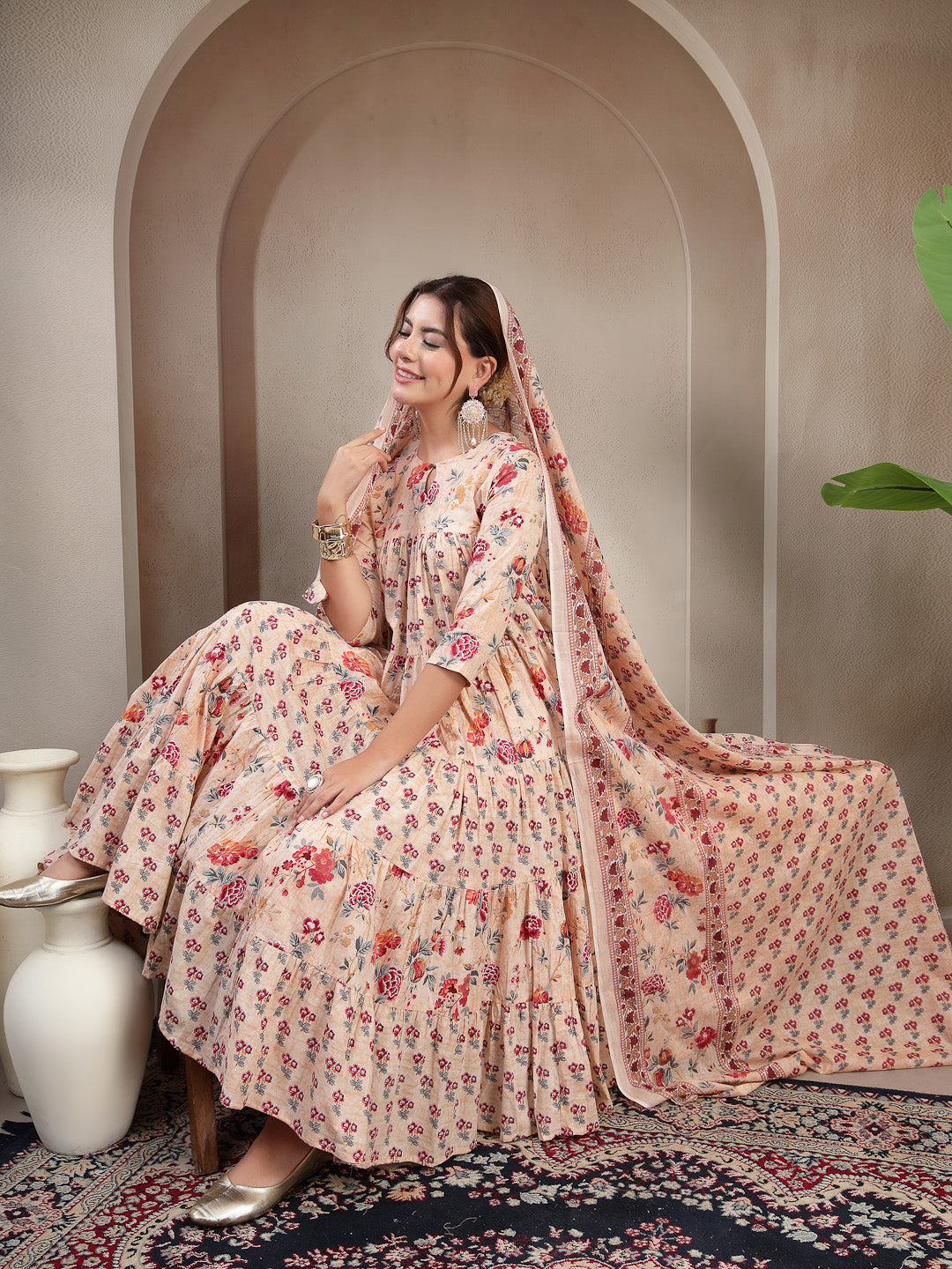 Cream Cotton Calf Length Printed 3/4 Sleeve Key Hole Neck Flared Kurta Suit Set