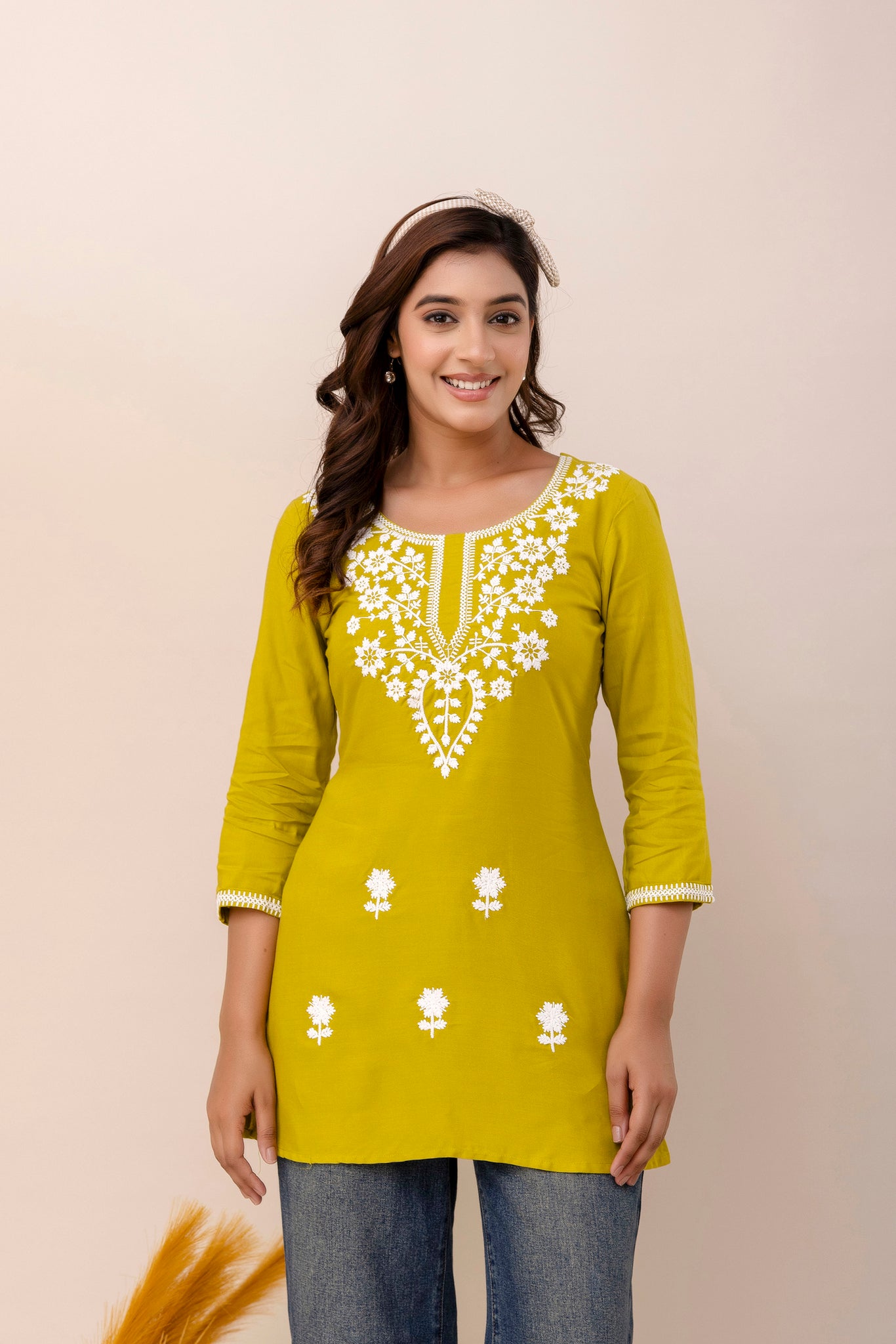 Lime Rayon Hip Length Round Neck A-Line Top