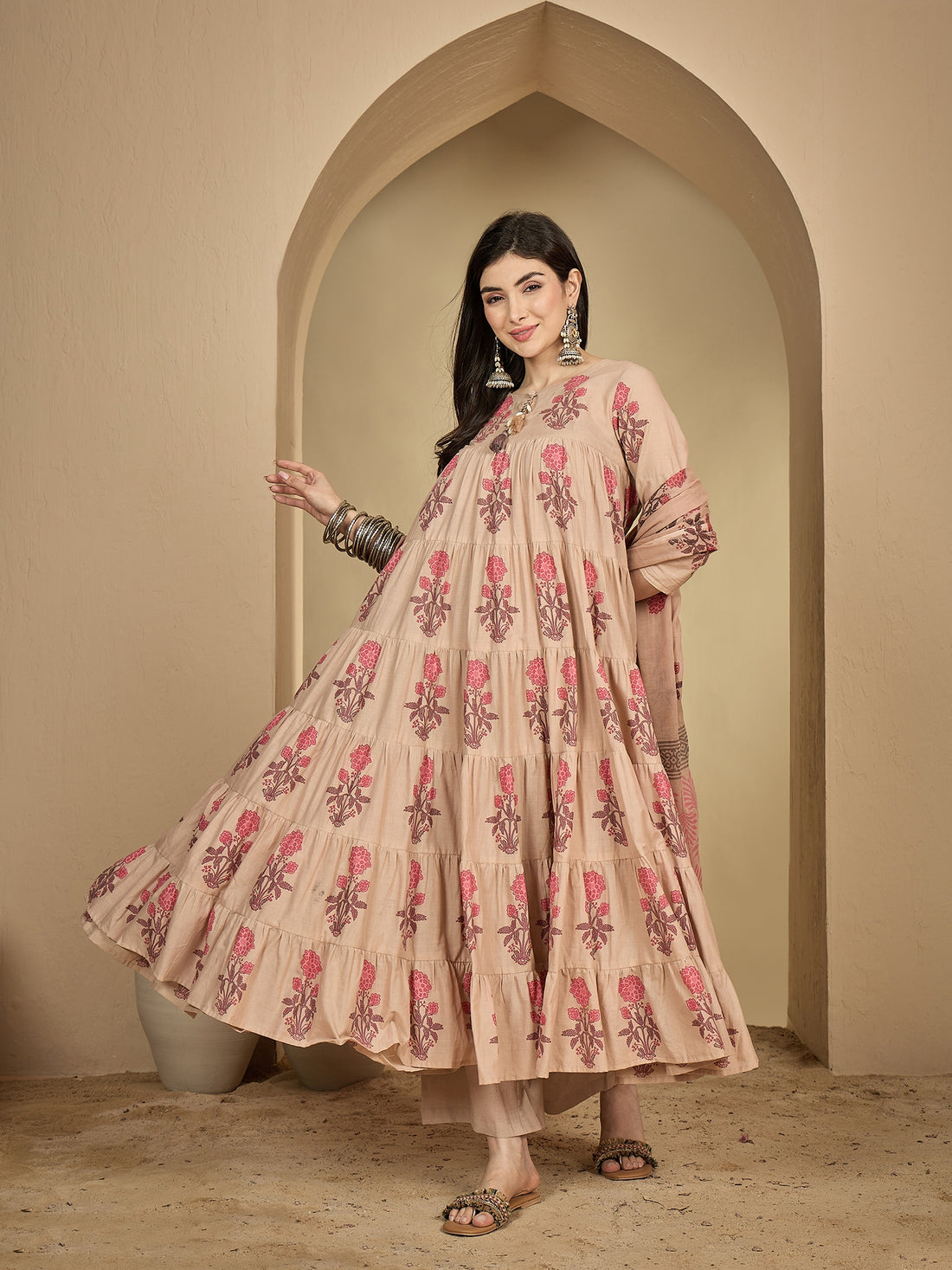 Cotton Ankle Length Printed 3/4 Sleeve Key Hole Neck Anarkali Kurta Suit Set