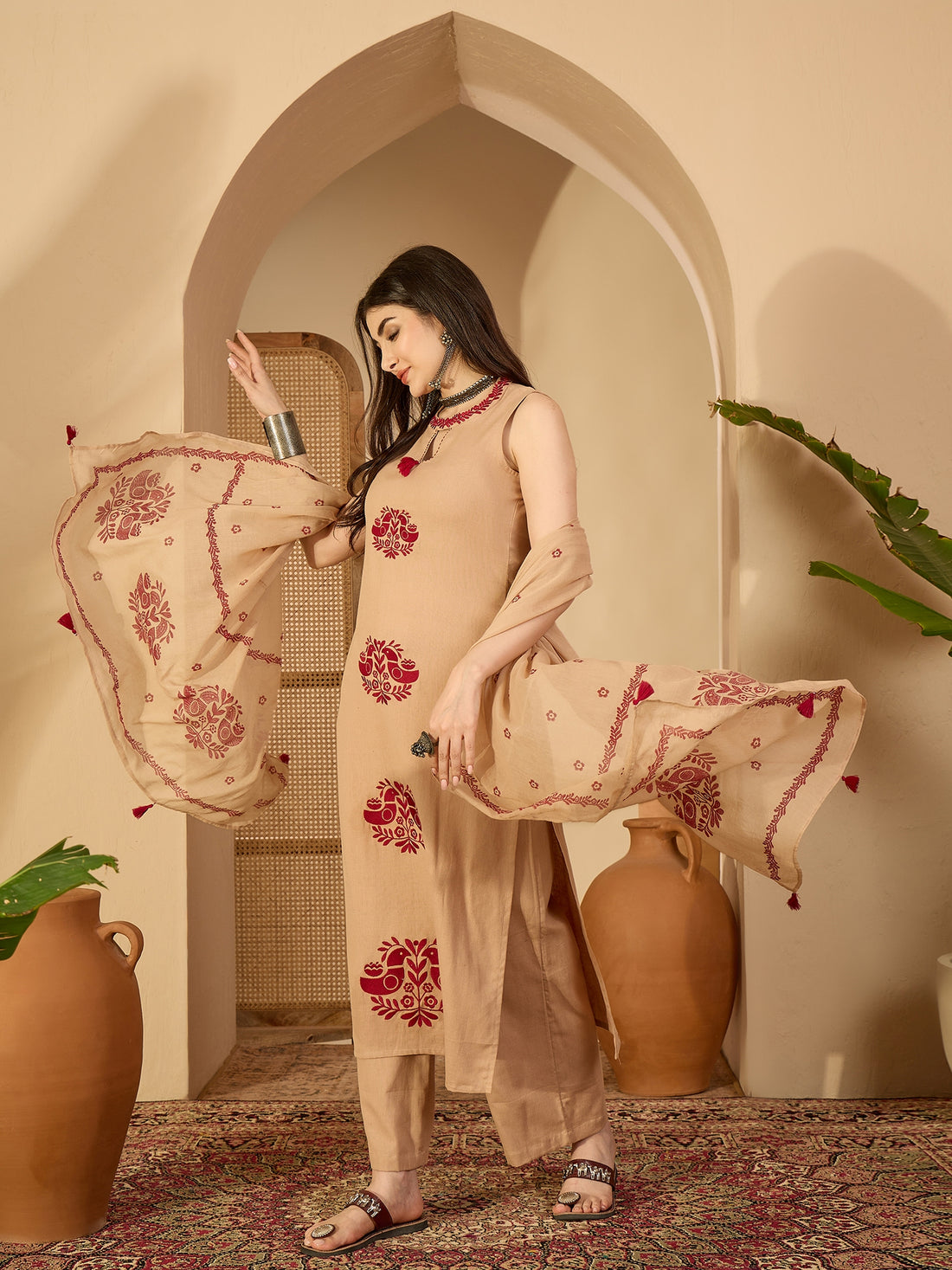 Beige Cotton Calf Length Printed Sleeveless Round Neck Straight Kurta Suit Set