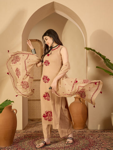 Beige Cotton Calf Length Printed Sleeveless Round Neck Straight Kurta Suit Set