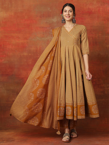 Mustard Cotton Calf Length Printed 3/4 Sleeves V-Neck Anarkali Kurta Suit Set
