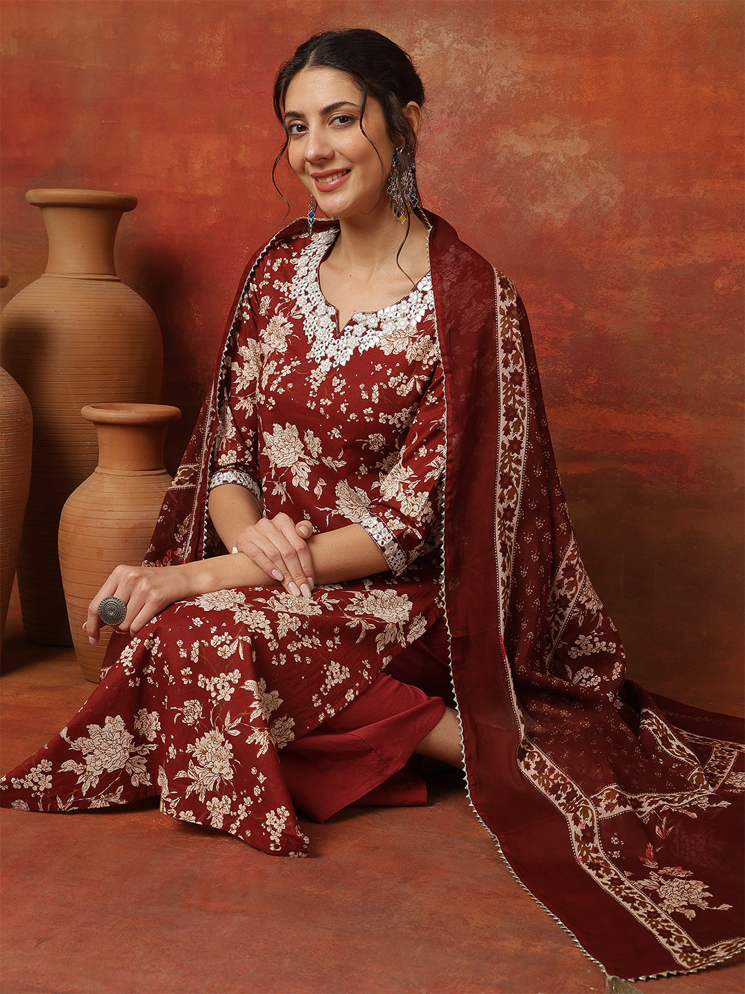 Maroon Cotton Calf Length Printed 3/4 Sleeves Round Neck Straight Kurta Suit Set