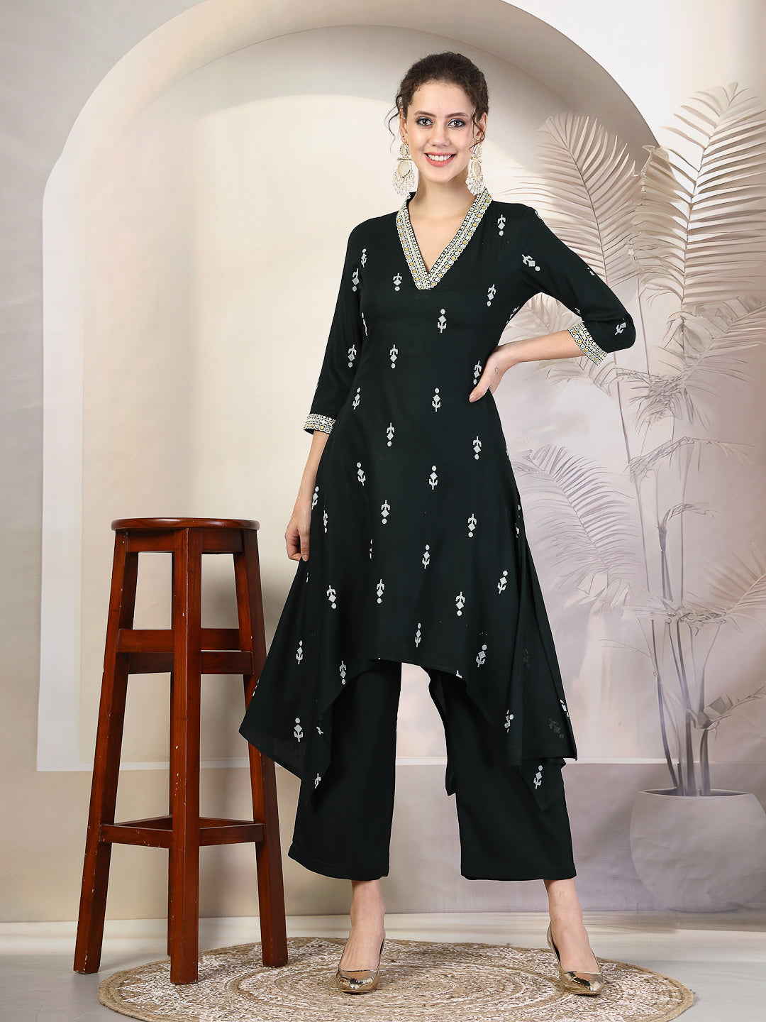 Bottle Green Rayon Calf Length Printed Asymmetric 3/4 Sleeves V Neck Kurta Suit Set