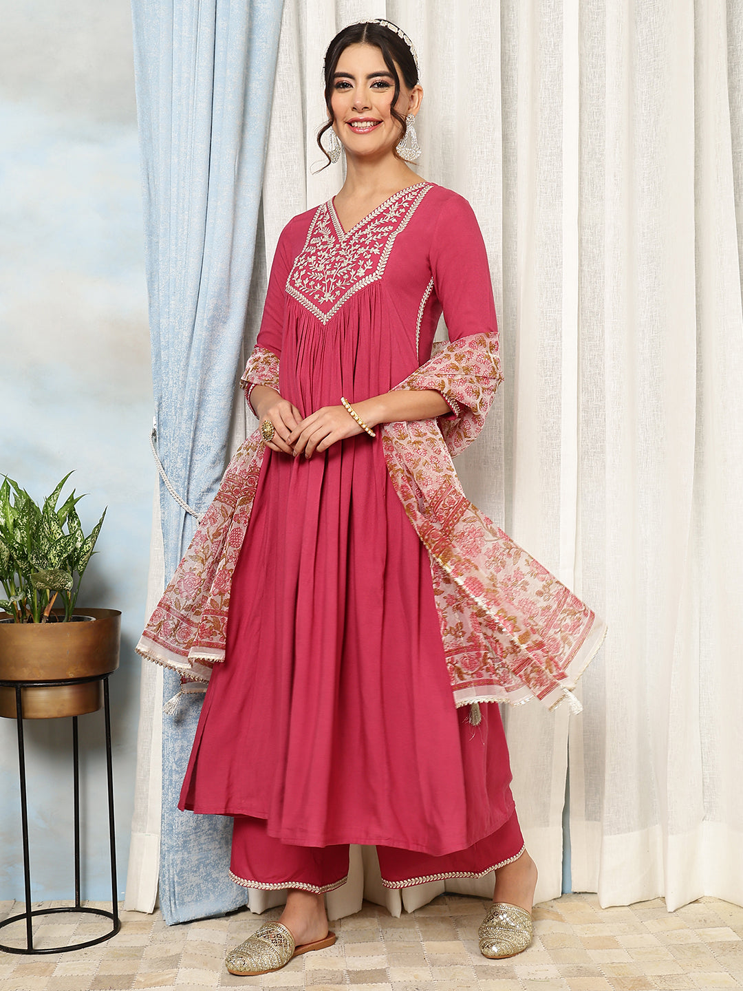 Peach Rayon Calf Length Solid Flared 3/4 Sleeves V-Neck Kurta Bottom Dupatta Set