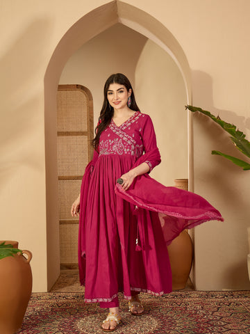 Rani Cotton Calf Length Solid 3/4 Sleeve V-Neck Anarkali Kurta Suit Set