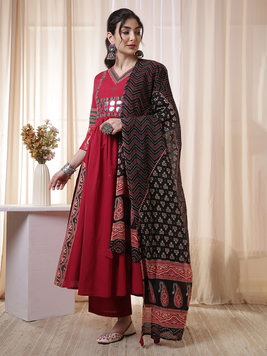 Maroon Rayon Calf Length Solid 3/4 Sleeves V Neck Flared Kurta Suit Set