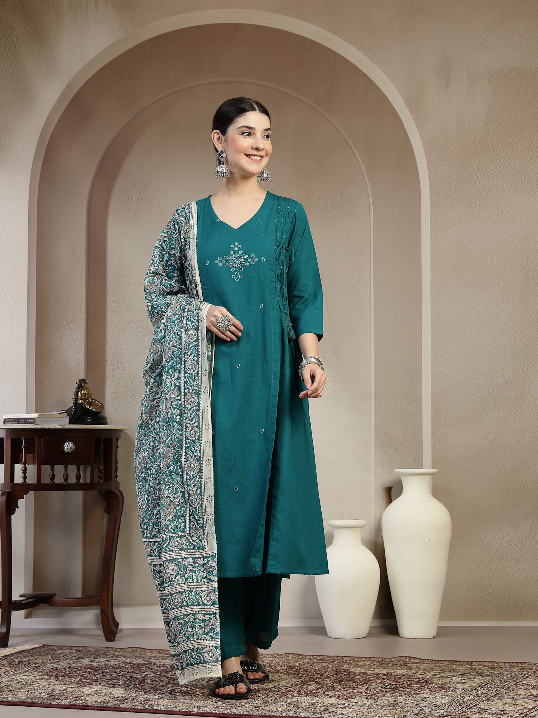 Teal Cotton Calf Length Solid 3/4 Sleeve V Neck A Line Kurta Suit Set