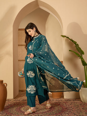Teal Cotton Calf Length Printed Sleeveless Round Neck Straight Kurta Suit Set