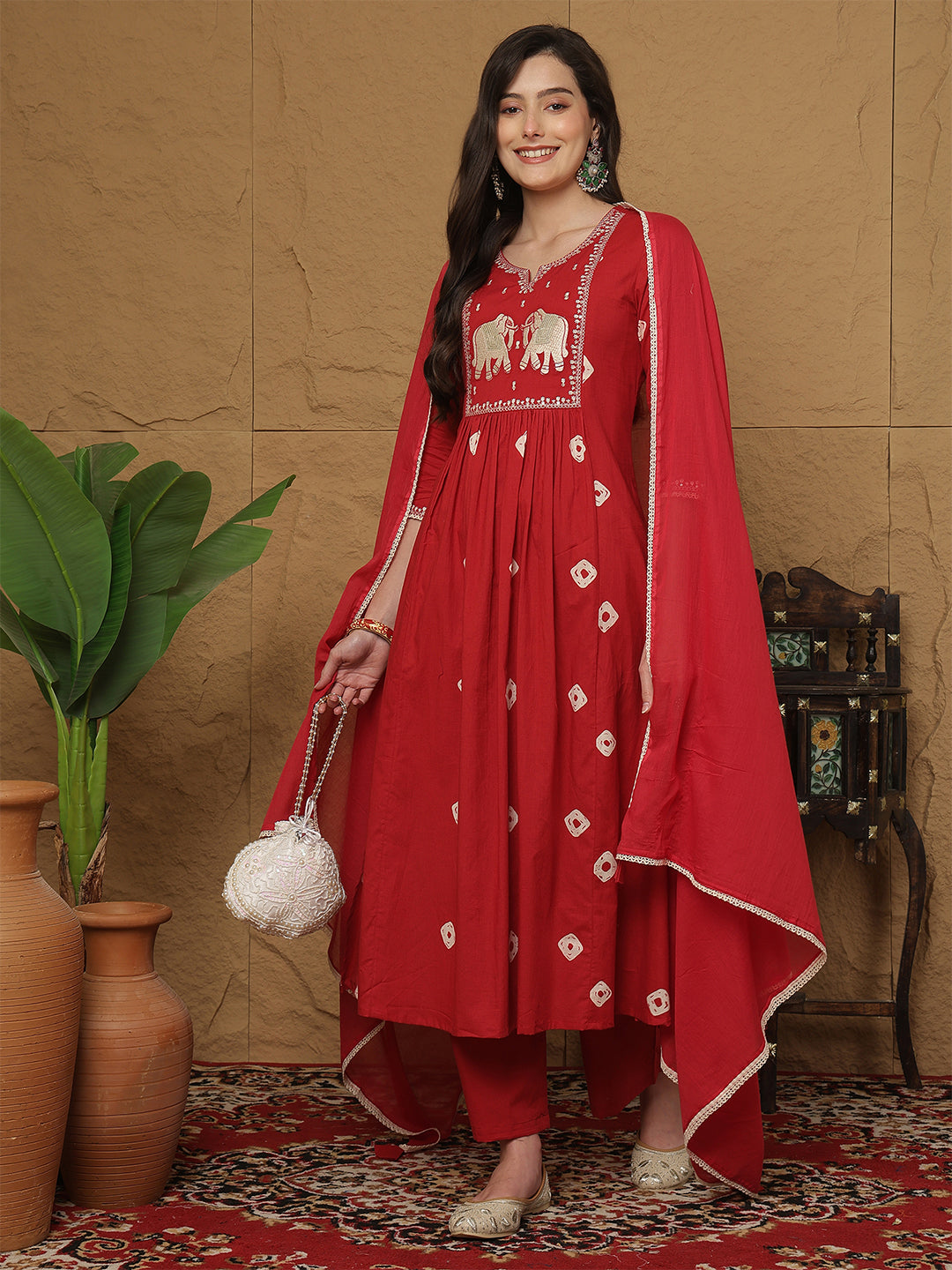 Red Rayon Calf Length Printed 3/4 Sleeves Round Neck Semi-Flared Kurta Suit Set