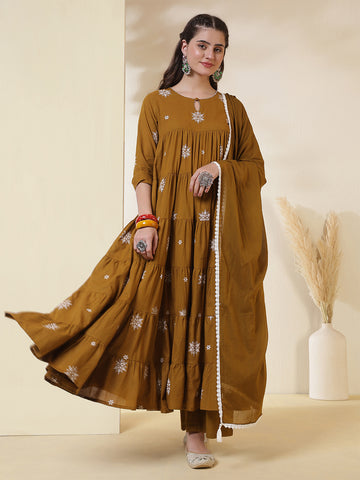 Mustard Cotton Calf Length Printed 3/4 Sleeves Key Hole Neck Anarkali Kurta Suit Set