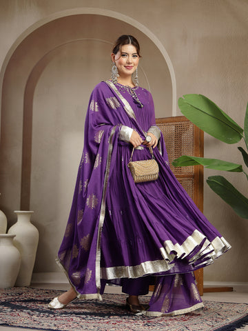 Purple Malmal Calf Length Solid Full Sleeve Key Hole Neck Anarkali Kurta Suit Set