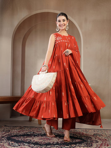 Rust Cotton Calf Length Printed Sleeveless Round Neck Flared Kurta Suit Set