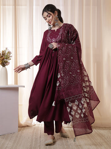 Wine Rayon Calf Length Solid 3/4 Sleeves Round Neck Flared Kurta Suit Set