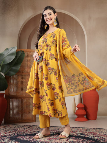 Yellow Cotton Calf Length Printed 3/4 Sleeve Round Neck A Line Kurta Suit Set